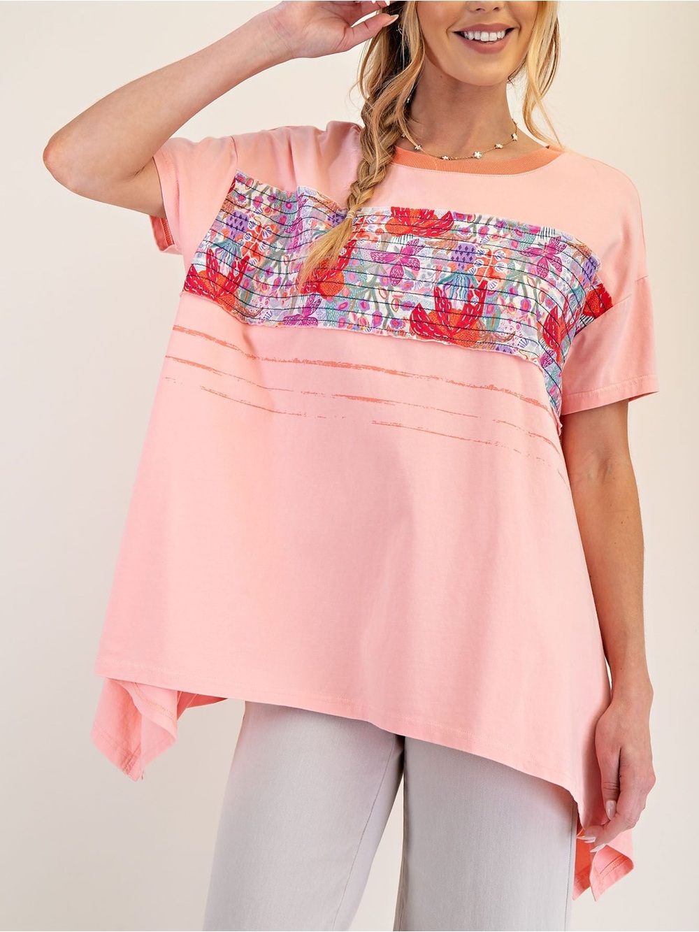 NWT EASEL Bohemian Pink Floral Color Block Asymmetrical Hem Top S M L